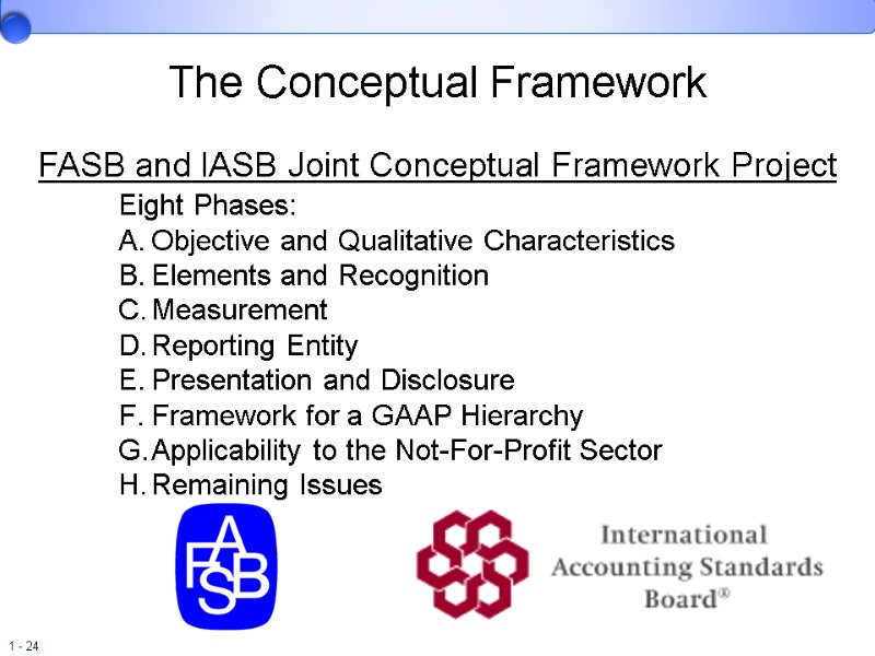 The Conceptual Framework FASB and IASB Joint Conceptual Framework Project  Eight Phases: Objective